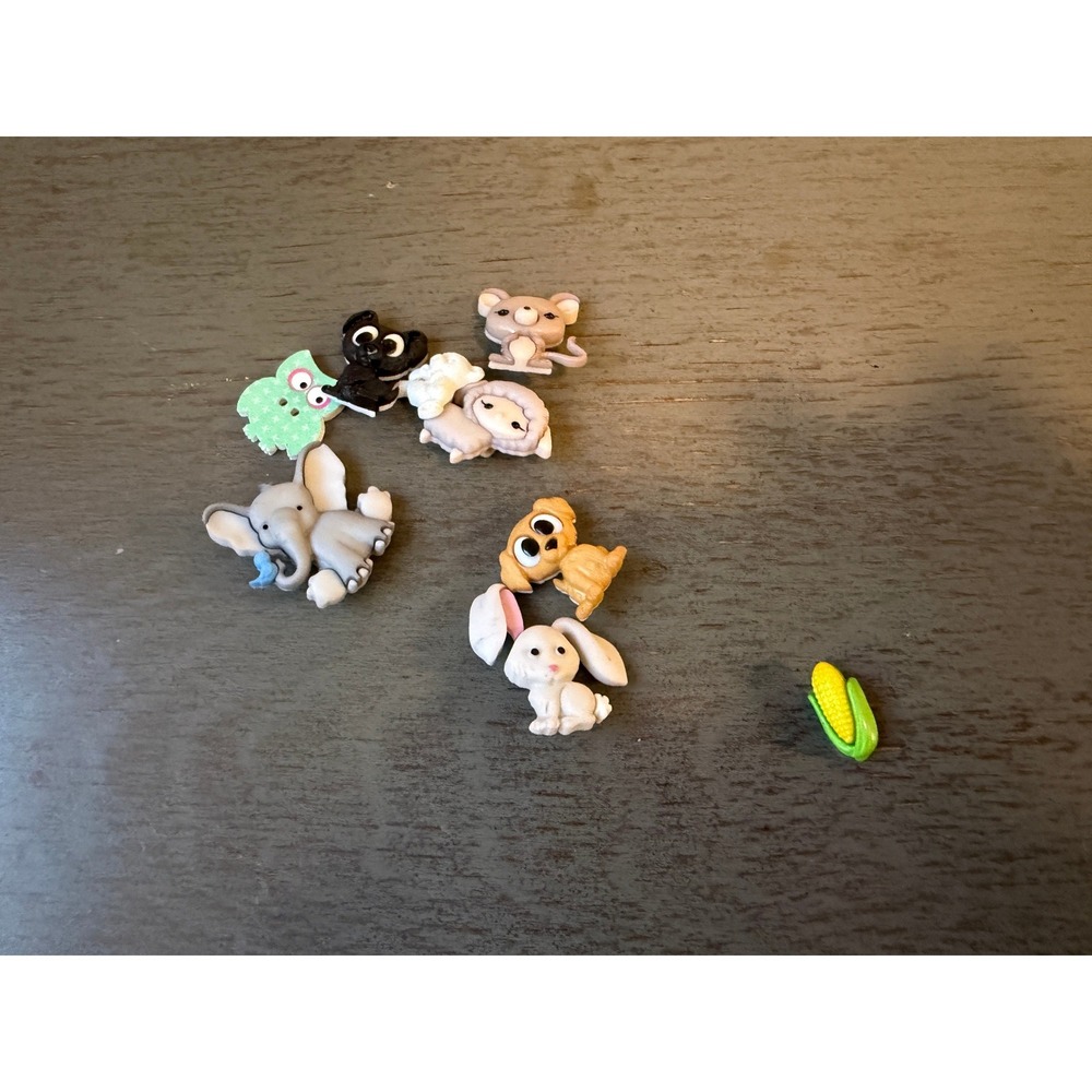 Lot of 8 Novelty Animal and Vegetable Shank Buttons Elephant Bunny Owl Corn Cat